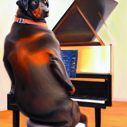 Prompt: rottweiler playing the piano, oil painting, artgerm, portrait, highly detailed, artstation