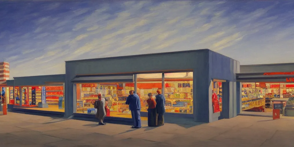 Prompt: a beautiful painting of a store inside of a futuristic airport by Edward Hopper, 8k, 4k