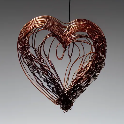 Image similar to a very beautiful tiny human heart organic sculpture made of copper wire and threaded pipes, very intricate, curved. studio lighting, high resolution, high quality, black background