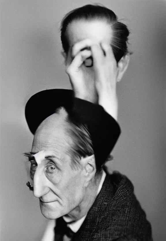 Image similar to a close - up casual photo of marcel duchamp with playful eyes, 1 9 2 0 s monochrome snapshot, graflex 4 x 5, f 1. 8, 3 5 mm, ilford delta 3 2 0 0 pro