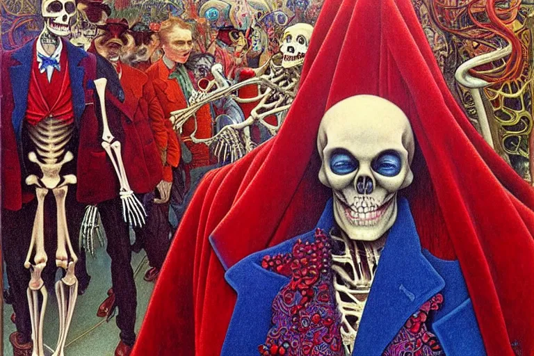 Image similar to realistic detailed closeup portrait painting of a single skeleton wearing red velvet blazer in a crowded futuristic moscow street by Jean Delville, Amano, Yves Tanguy, Alphonse Mucha, Ernst Haeckel, Edward Robert Hughes, Roger Dean, rich moody colours, blue eyes