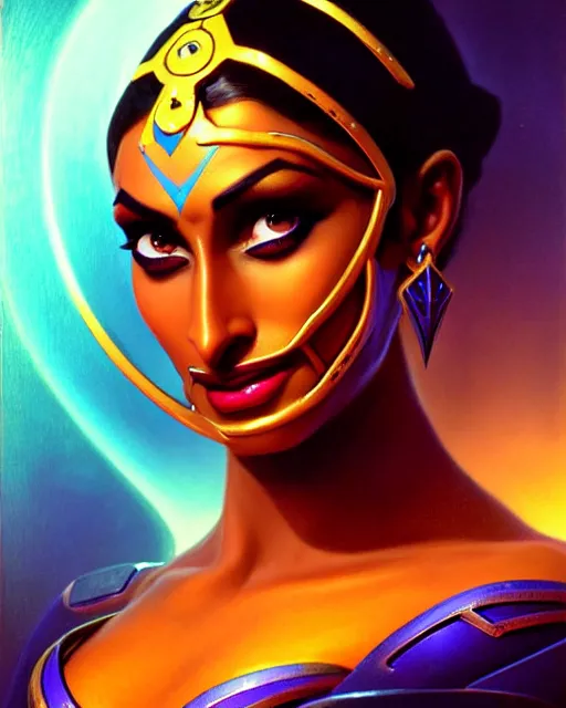 Image similar to symmetra from overwatch, fantasy, fantasy art, fantasy, colorful, elegant, character portrait, portrait, close up, highly detailed, intricate detail, amazing detail, sharp focus, vintage fantasy art, vintage sci - fi art, radiant light, caustics, by boris vallejo