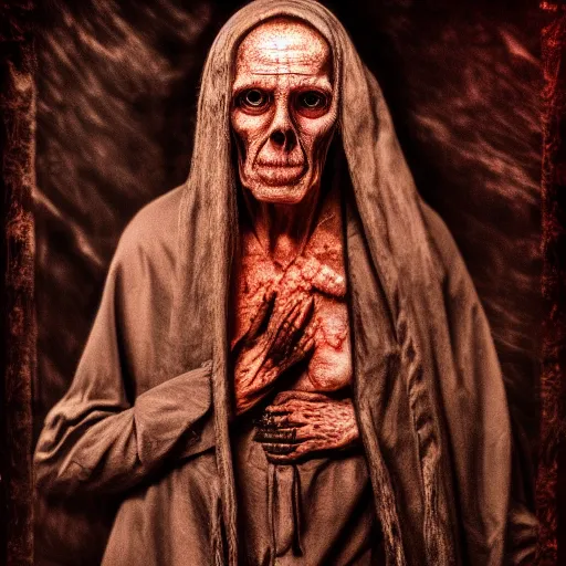 Prompt: a cursed photograph of a old necromancer, horror, award winning photography, hdr, studio lighting medium close shot, mucha style,