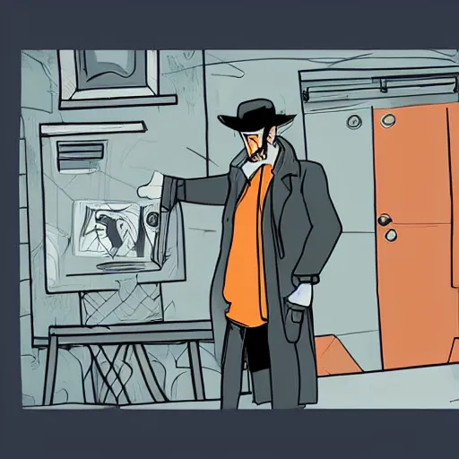 Image similar to a haggard detective in a trenchcoat scanning a crimescene, sketchy artstyle, digital art, dramatic, comic artstyle, cinematic