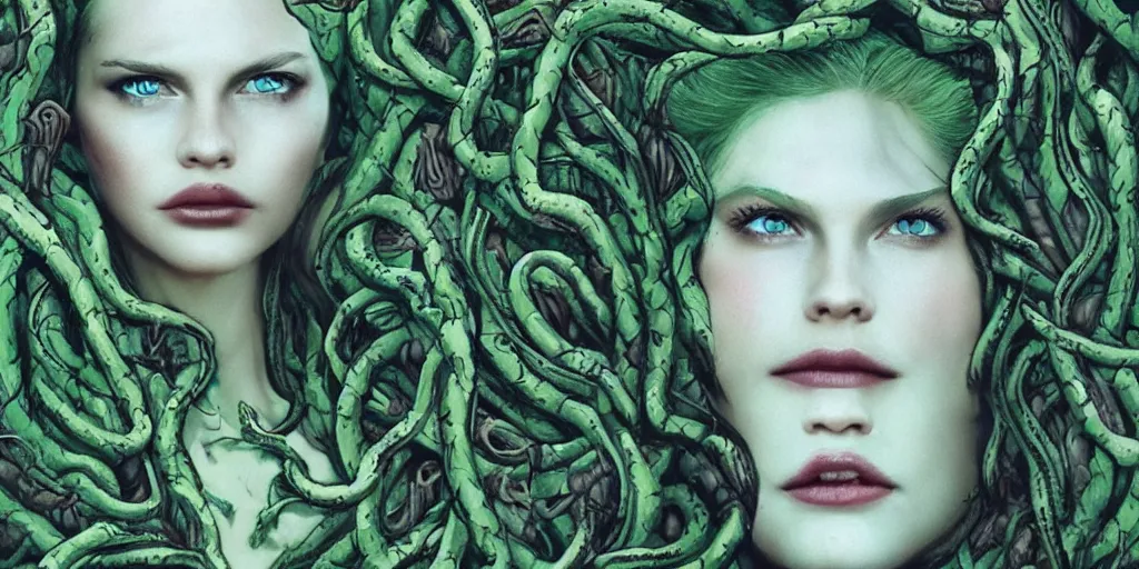 Image similar to queen of snakes, rotting crown of vines, detailed face, piercing green eyes and blue skin