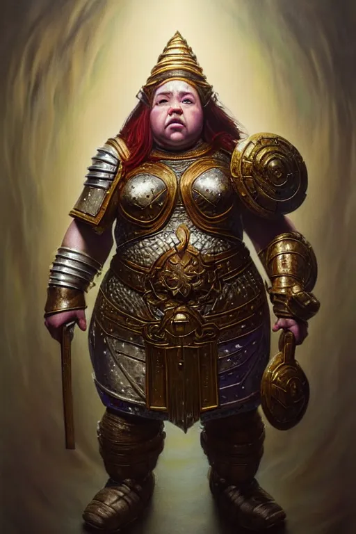 Prompt: hyperrealistic mixed media painting of a female dwarven cleric, chubby short stature, d&d, full body, stunning 3d render inspired art by P. Craig Russell and Barry Windsor-Smith + perfect facial symmetry + dim volumetric lighting, 8k octane beautifully detailed render, post-processing, extremely hyperdetailed, intricate, epic composition, grim yet sparkling atmosphere, cinematic lighting + masterpiece, trending on artstation, very very detailed, masterpiece, stunning