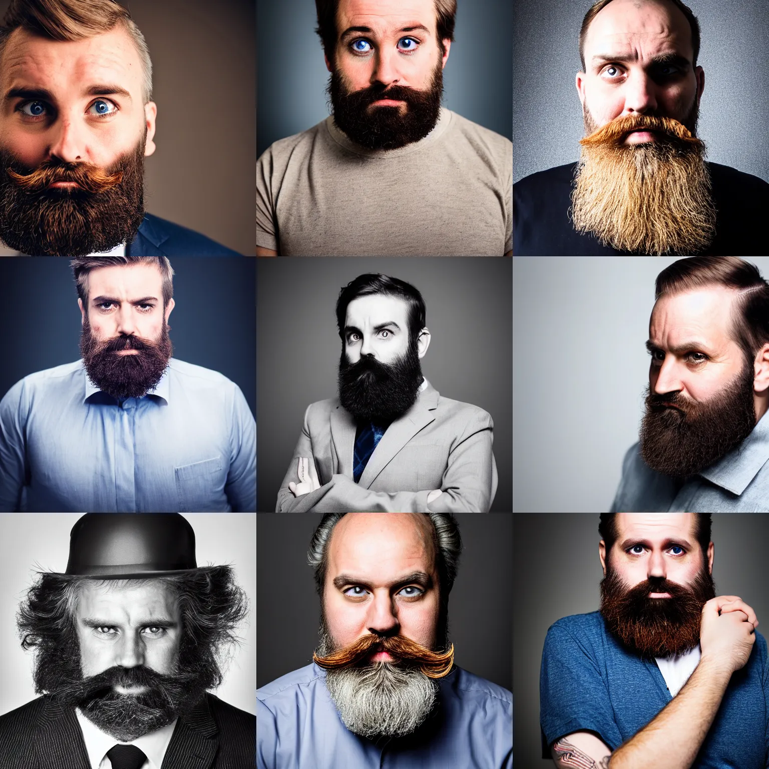 Prompt: a posh bearded man with a very skeptical and sarcastic expression, one raised eyebrow, head tilted downward, professional photography, studio lighting, dark background