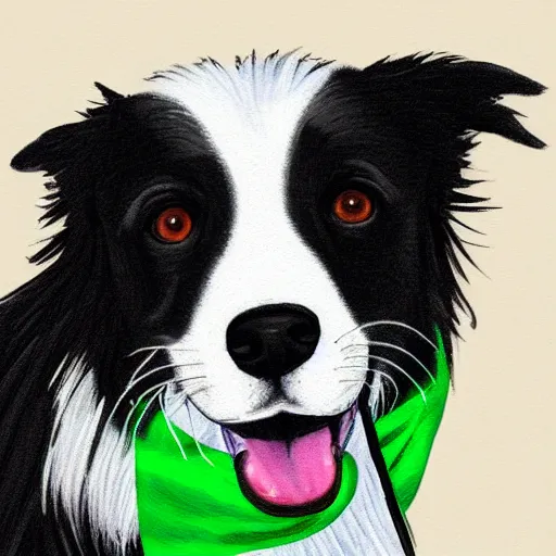 Image similar to illustration of a black and white border collie wearing a green bandana on its neck, digital art, DeviantArt