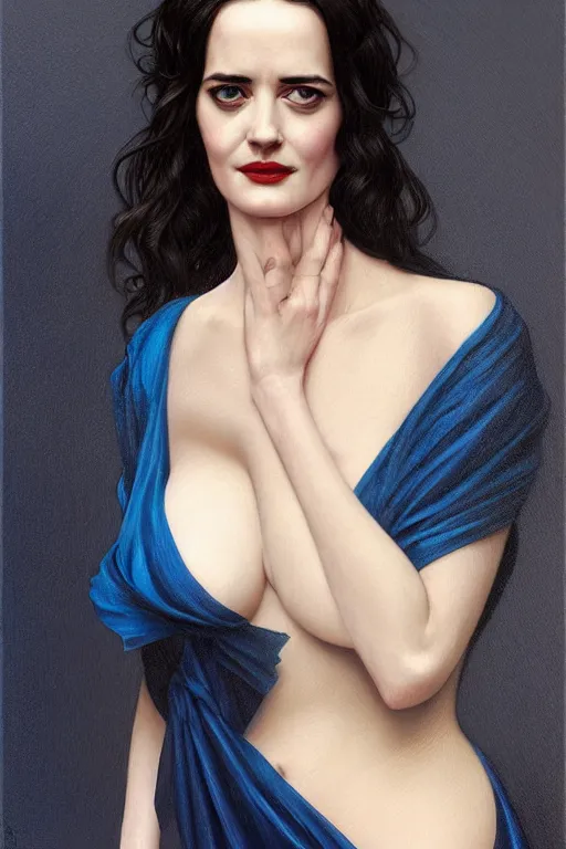 Image similar to eva green in a blue dress, realistic portrait, symmetrical, highly detailed, digital painting, artstation, concept art, smooth, sharp focus, illustration, cinematic lighting, art by artgerm and greg rutkowski and alphonse mucha