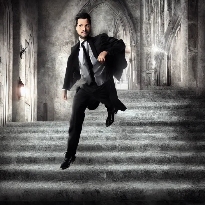 Image similar to cinematic movie, background is castle and steps, with a silver mask, silver wavy hair, black suit, 4 k