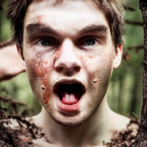 Image similar to macro face shot, teenage boy, around 1 9 years old with necklace, natural brown hair, loincloth, pale skin, detailed face. screaming in ominous and eerie looking forest. natural colors. realistic photo.