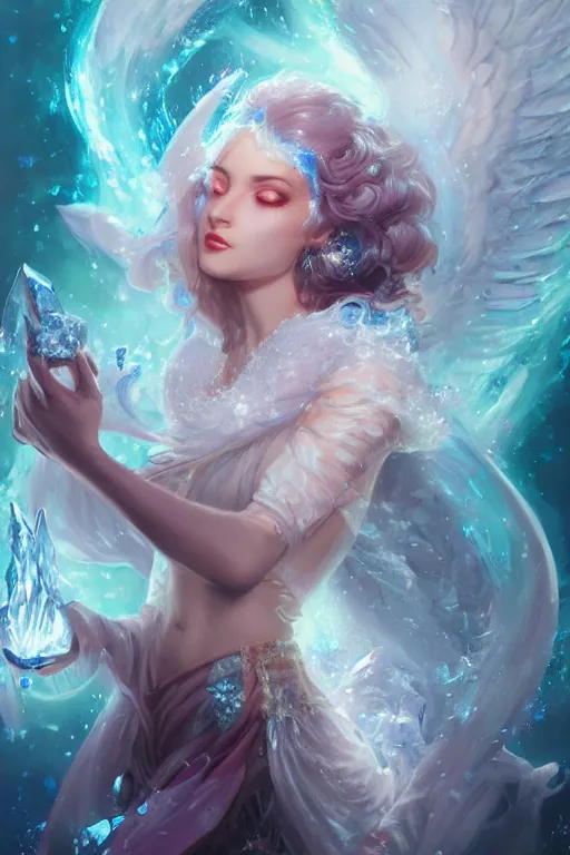 Prompt: face closeup beautiful girl wizard covered with crystals and ice, holding snow and casting magic spell, angel, fantasy, magic the gathering, hyper detailed, 3 d render, hyper realistic detailed portrait, peter mohrbacher