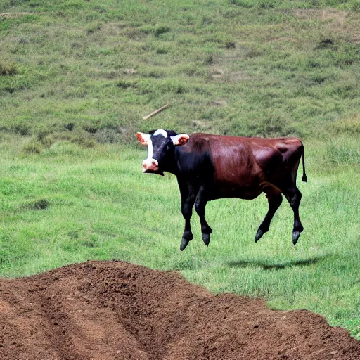 Image similar to a cow, standing on a motocross jump