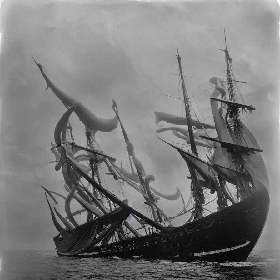 Prompt: the bluenose schooner is being attacked by a giant squid. wet plate photography