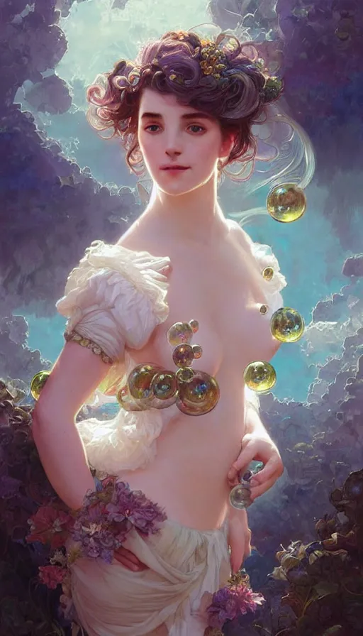 Image similar to portrait of a troll, dreamy and ethereal, (colour) eyes, peaceful expression, ornate frilly dress, fantasy, intricate, elegant, rainbow bubbles, highly detailed, digital painting, artstation, concept art, smooth, sharp focus, illustration, art by artgerm and greg rutkowski and alphonse mucha