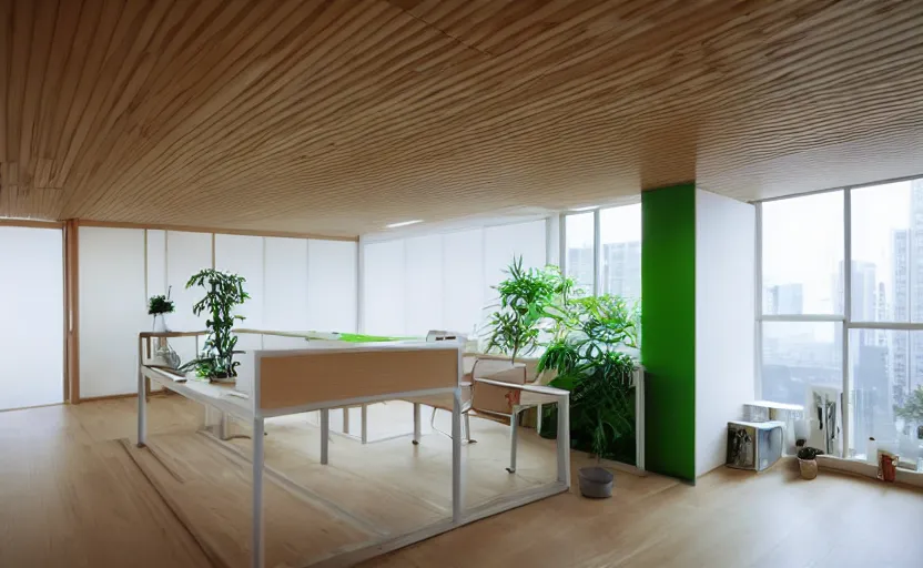 Image similar to minimalist japanese style interior of an office, pine wood, natural materials, white, plants, feng shui, bright, green, large windows to a park