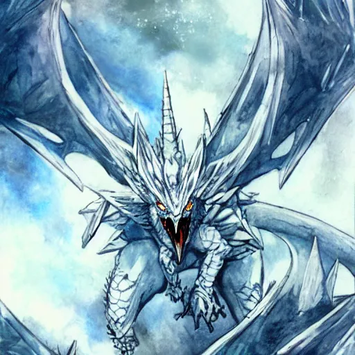 Image similar to Ice castle floating high above the ground being circled by a magnificent white scaled ice dragon, drawn by Yoji Shinkawa, water color, Dungeons and Dragons, Wizards of the Coast