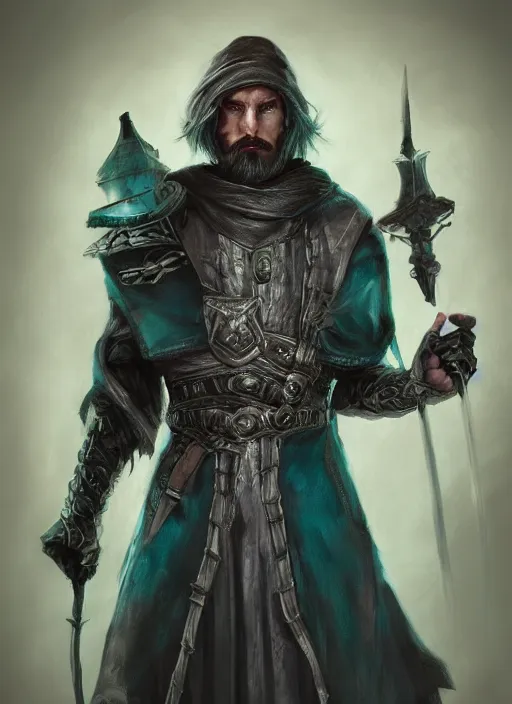 Image similar to An epic fantastic realism comic book style portrait painting of arrogant aasimar hexblade warlock, teal electricity, male, shaggy silver hair, short beard, dark gray cloak, 4k, 8k, Apex Legends Concept Art, D&D Concept Art, unreal 5, DAZ, hyperrealistic, octane render, cosplay, RPG portrait, dynamic lighting