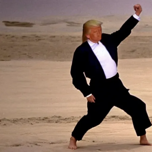 Image similar to still of donald trump as the karate kid, crane kick