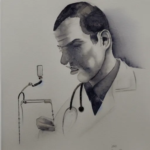 Prompt: doctor performing surgery on a rocket, monochrome watercolor painting