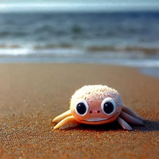 Image similar to A cute smiling crab on the beach, cute digital art by Quint Buchholz