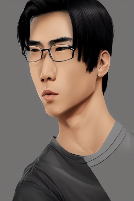 Prompt: portrait of a handsome young asian man, cool hairstyle, half body shot, trending on artstation
