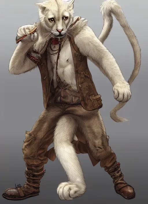 Image similar to character portrait of a anthro! albino mountain lion wearing miner's clothes. hidari, color page, tankoban, 4K, tone mapping, Akihiko Yoshida.