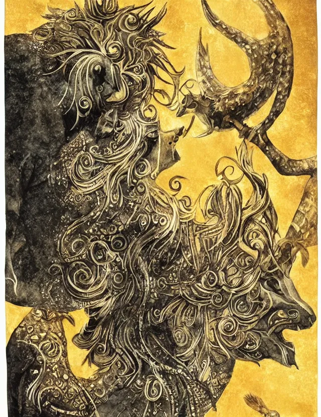 Prompt: animal god of song and starlight. this ink wash and goldleaf work by the beloved children's book illustrator has interesting color contrasts, plenty of details and impeccable lighting.