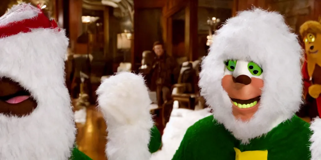 Image similar to ultra wide angle photo of will ferrel dressed as buddy the elf, from the movie elf, looking at himself in a bathroom mirror and seeing his reflection as bumble, the abominable snow monster from the north