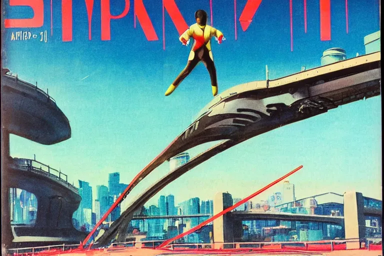 Image similar to 1 9 7 9 omni magazine cover of jumping off a bridge above a park in osaka. cyberpunk style by vincent di fate