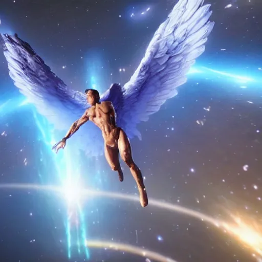 Image similar to a giant angel holding the world in the palm of its hand standing in front of the galaxy, 4 k, unreal engine 6, ultra realistic, coherent,