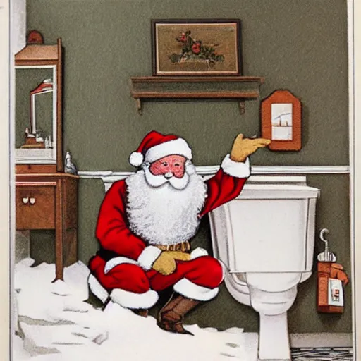 Prompt: santa claus sitting on a toilet in someone's bathroom in the style of currier and ives