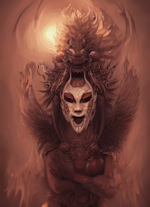 Image similar to a beautiful detailed oil on copper art illustration of a japanese oni kitsune mask devil woman, centered, by charlie bowater, zeng fanzh, trending on artstation, dim dusk lighting, cinematic lighting, detailed lighting, volumetric lighting, realistic, f 8, 4 k hd wallpaper