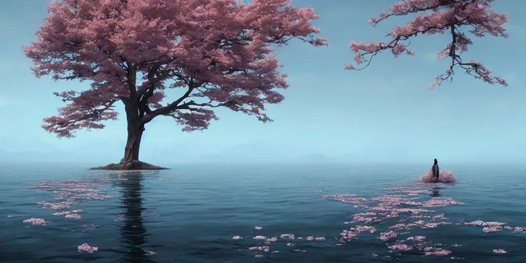 Image similar to vanishing point a sakura tree upon a lake, viewed from afar, stephen bliss, misty, unreal engine, fantasy art by greg rutkowski, loish, rhads, ferdinand knab, makoto shinkai and lois van baarle, ilya kuvshinov, rossdraws, tom bagshaw, global illumination, radiant light, minimalist, detailed and intricate environment