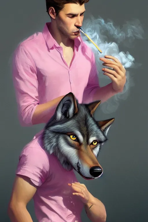 Image similar to realistic antropomorphic wolf wearing pink shirt and smoking cigarette, digital painting, artstation, concept art, smooth, sharp focus, illustration, art by artgerm, james jean, jean giraud, edward hopper, gaston bussiere and greg rutkowski