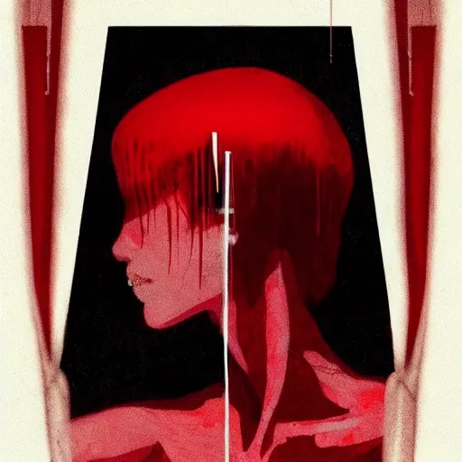 Image similar to pelham puppet surrounded by red curtains by Conrad Roset and Nicola Samuri, medium shot, rule of thirds, seductive look, beautiful, intricate, dystopian, sci-fi, extremely detailed, digital painting, artstation, concept art, smooth, sharp focus, intimidating lighting, incredible art, details visible, very dark ambiance