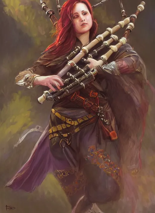 Prompt: female bard playing bagpipe, ultra detailed fantasy, dndbeyond, bright, colourful, realistic, dnd character portrait, full body, pathfinder, pinterest, art by ralph horsley, dnd, rpg, lotr game design fanart by concept art, behance hd, artstation, deviantart, hdr render in unreal engine 5