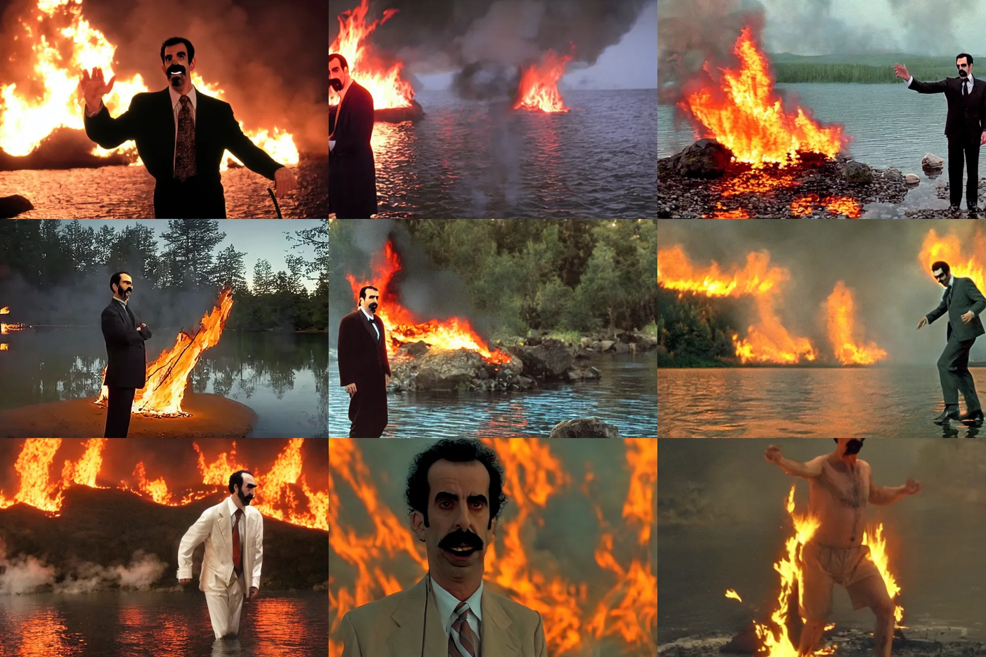 Prompt: a film still of Borat Next to a lake on fire, dramatic lighting