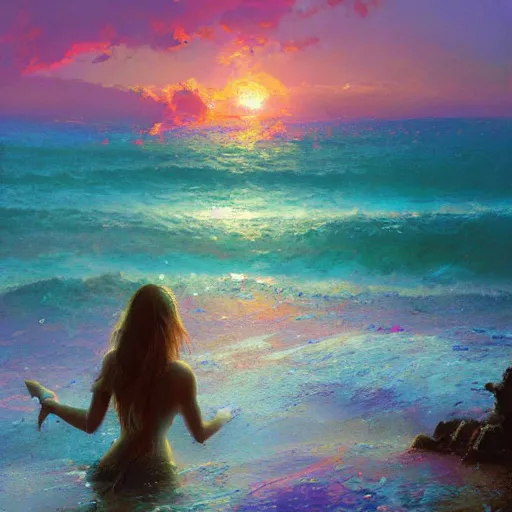 Image similar to twin flame pleadians with mermaid towers and sparkling ocean with pink sunset and mermaids swimming hue highly detailed oil painting hue by craig mullins