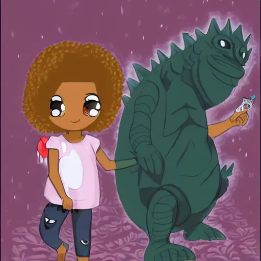 Image similar to Dark skinned girl pets Chibi Godzilla, children's book