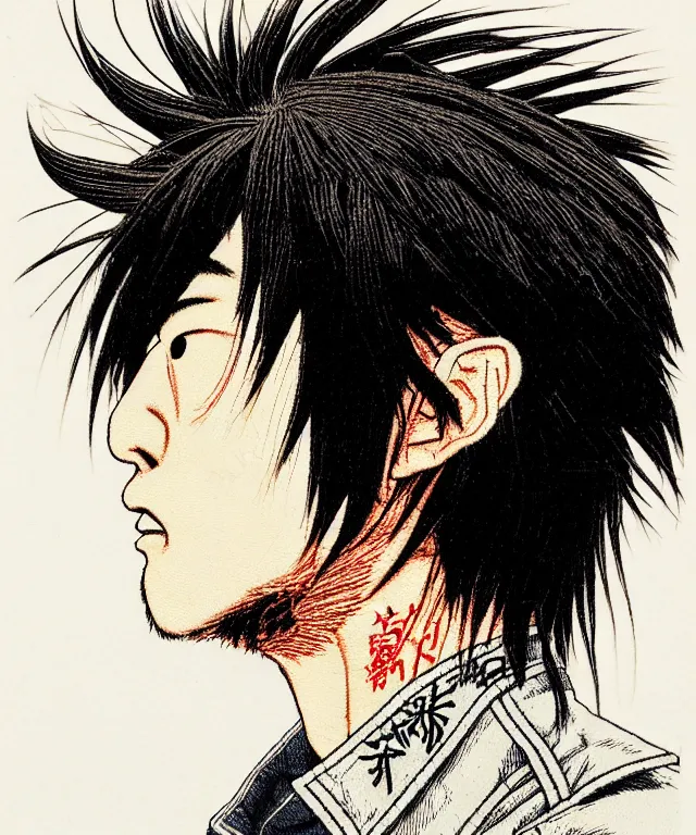 Prompt: a portrait of a smirking young japanese man, his hair is messy and unkempt, he is wearing an embroidered leather jacket, a masterful and highly - skilled full color illustration by otomo katsuhiro and kim jung gi, half - profile portrait, realistic proportions and anatomy, dynamic