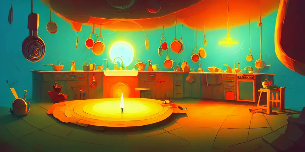 Prompt: naive, weird perspective, cel shading, epic detailed illustration of a kitchen dim lit by 1 candle in a scenic spiral environment by anton fadeev from lorax movie, trending artstation