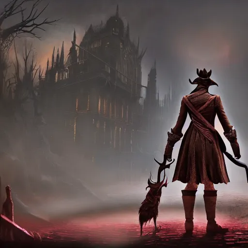 Image similar to an ultradetailed animation of the hunter from bloodborne dressed as darkwing duck, let's get dangerous, in the style animation of darkwing duck, digital art, dark fantasy, concept art, soulslike, by alphonse mucha, blood moon eclipse, wherewolves in a ruined building in the background, artstation, 8 k, unreal engine render