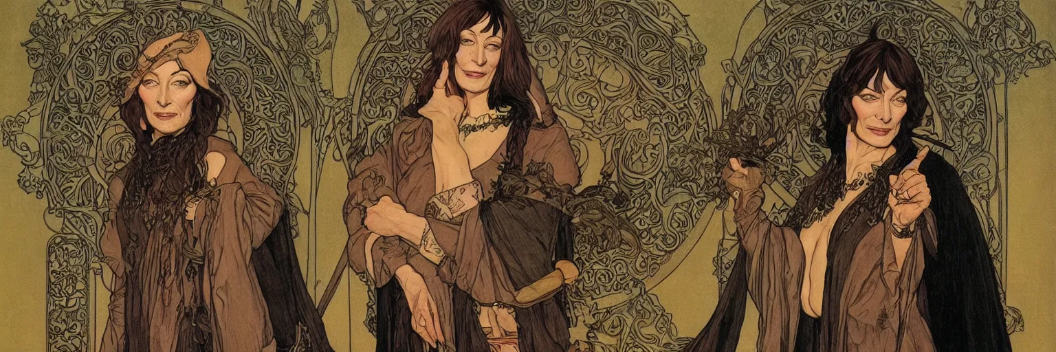 Prompt: art nouveau portrait of a sarcastic witty sly anjelica huston as a medieval pagan witch, atmospheric lighting, painted, intricate, volumetric lighting, masterpiece, sharp focus, ultra detailed, by travis charest, moebius and mucha