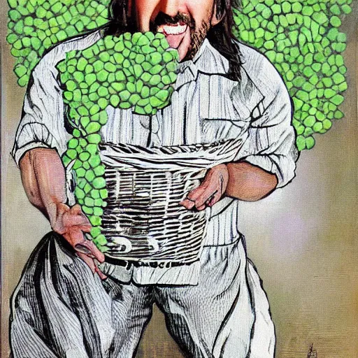 Image similar to nicolas cage with a wicker basket over head screaming with a mouth full of peas