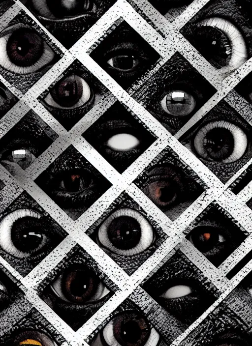 Image similar to grid montage of cube shaped eyes cubes, square shaped black dilated pupils cubes, cube shaped irises, detailed colored textures, lashes, advanced art, art styles mix, wet reflections in square eyes, sunshine light, hd macro photograph, from side, various eyelid positions, square black pupil centered