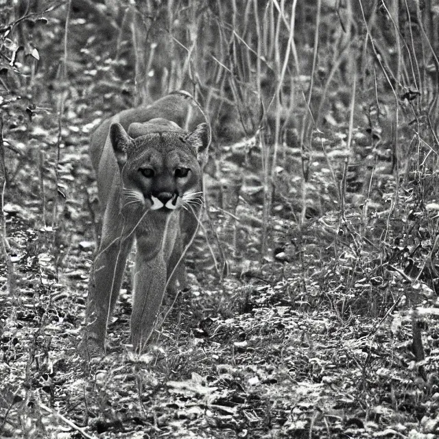 Image similar to cougar in forest at night, night vision goggles, shot from the ground up, grainy