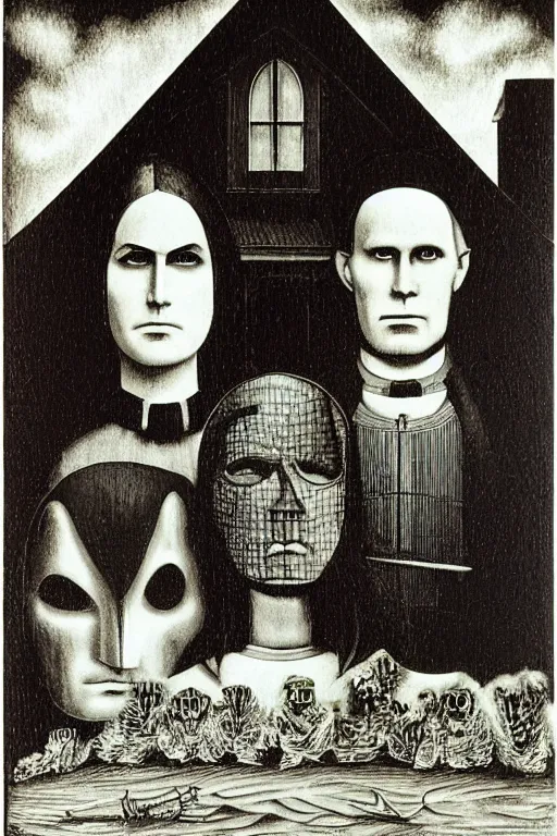 Prompt: american nightmare by grant wood, carpenter gothic