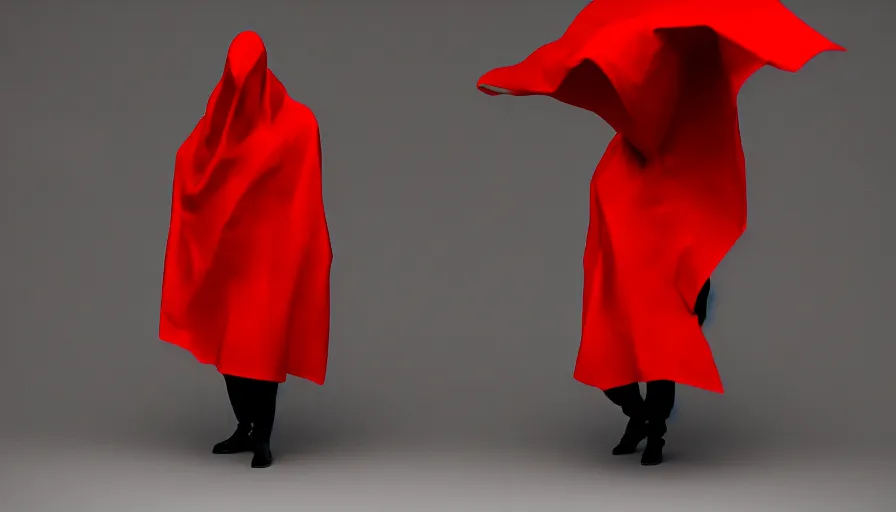 Image similar to enigmatic figure wrapped in red sheet in darkness, high contrast, hard light, digital art, rendering, cloth simulation, redshift