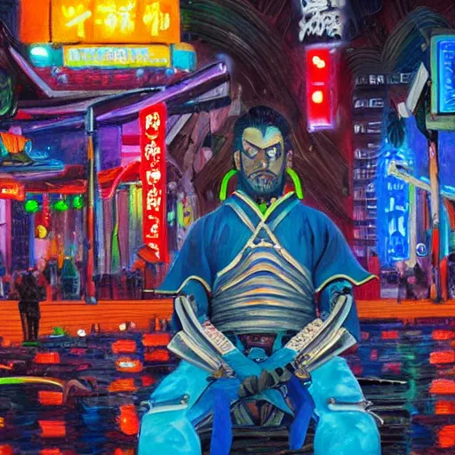 Image similar to an extremely detailed oil painting of a cyborg samurai, sitting infront of a neon river. 4 k. colorful.